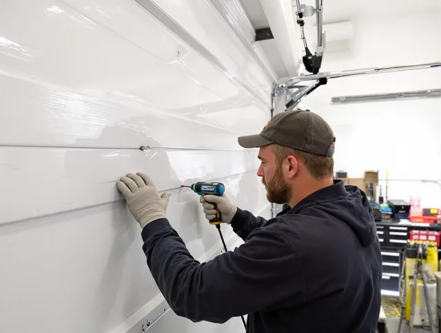 Town 'n' Country Garage Door Repair technician demonstrating precision dent removal techniques on a Town 'n' Country garage door